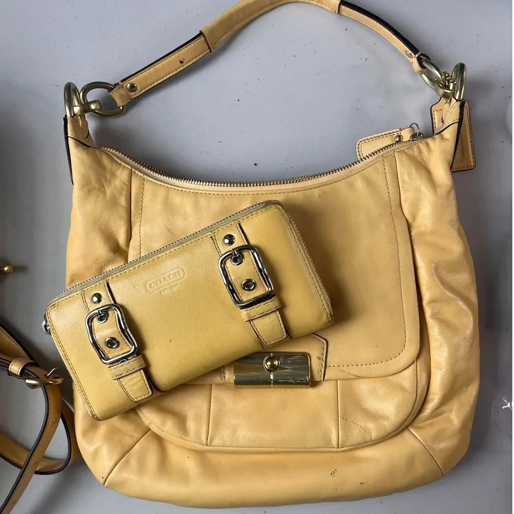 Coach Kristin Yellow Leather Hobo Shoulder Bag Crossbody Purse & Wallet Set